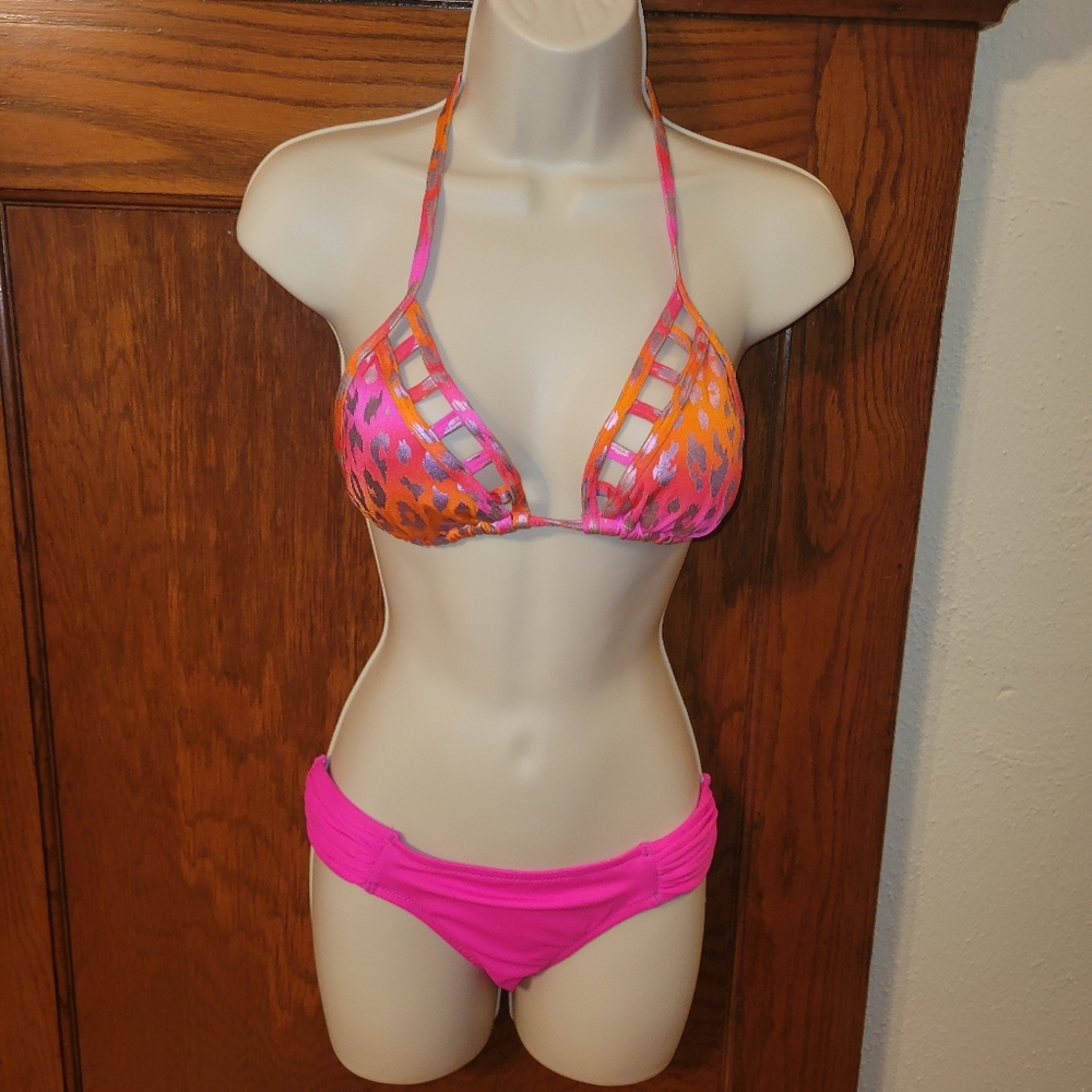 Victoria's Secret Sample Bikini Size Small, Hot Pink, Orange And Metallic Print
